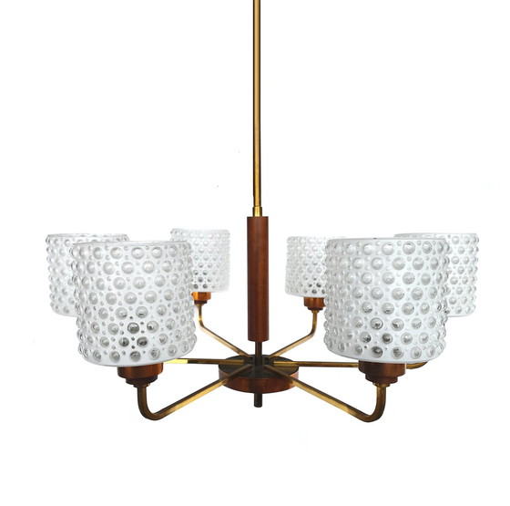 Image 1 of Lustre scandinave du milieu du siècle en laiton, cuivre, teck et verre, années 1960