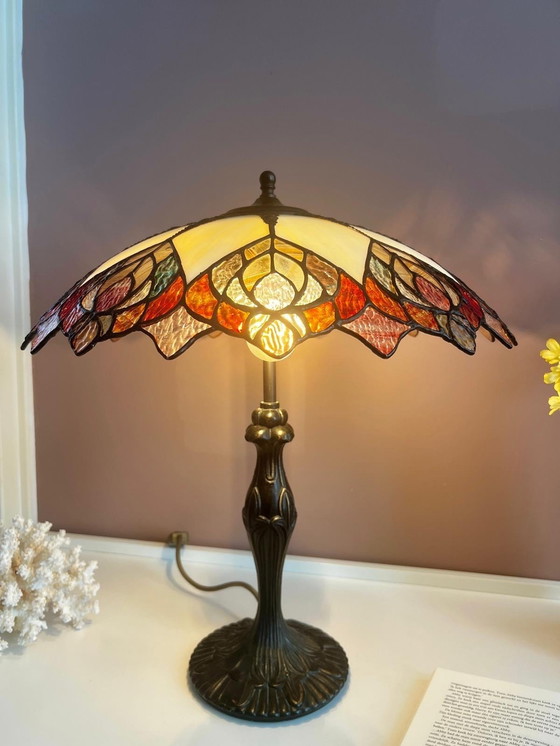 Image 1 of Vintage Table Lamp Tiffany Style Stained Glass Peacock Feathers