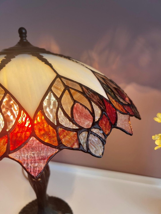 Image 1 of Vintage Table Lamp Tiffany Style Stained Glass Peacock Feathers