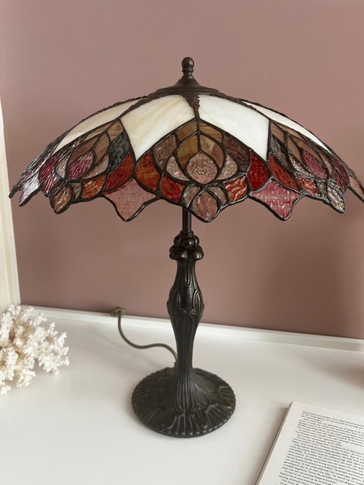 Vintage Table Lamp Tiffany Style Stained Glass Peacock Feathers