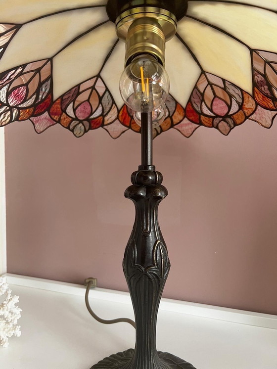 Image 1 of Vintage Table Lamp Tiffany Style Stained Glass Peacock Feathers