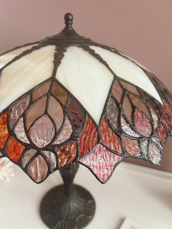 Image 1 of Vintage Table Lamp Tiffany Style Stained Glass Peacock Feathers