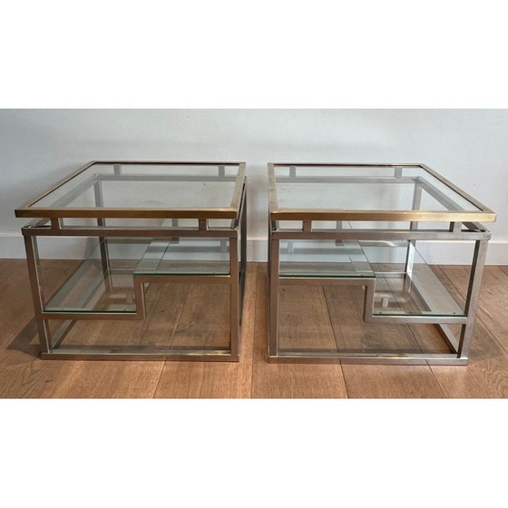 Image 1 of Pair of vintage sofa ends in chrome, brass and glass tops