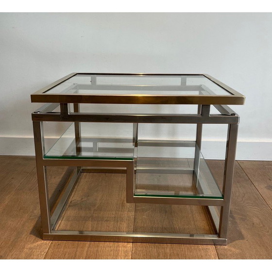 Image 1 of Pair of vintage sofa ends in chrome, brass and glass tops