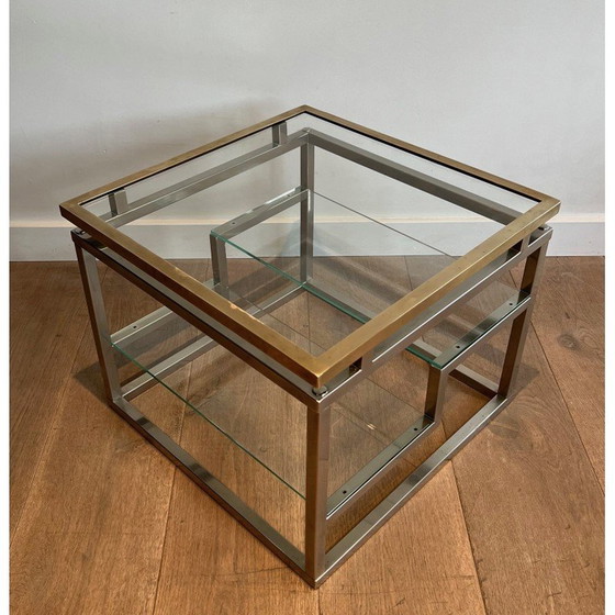 Image 1 of Pair of vintage sofa ends in chrome, brass and glass tops