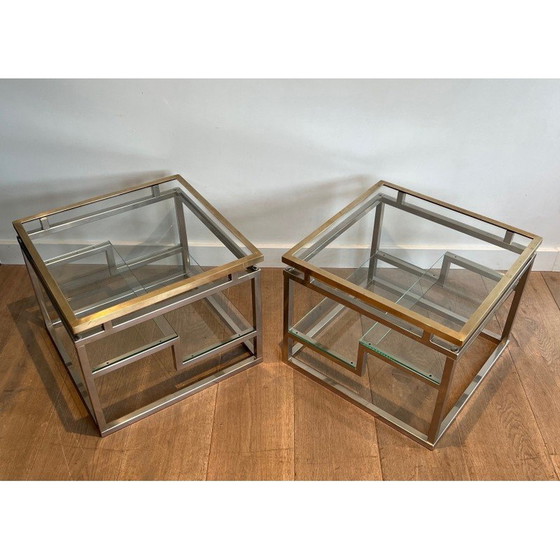 Image 1 of Pair of vintage sofa ends in chrome, brass and glass tops