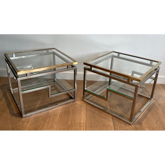 Image 1 of Pair of vintage sofa ends in chrome, brass and glass tops