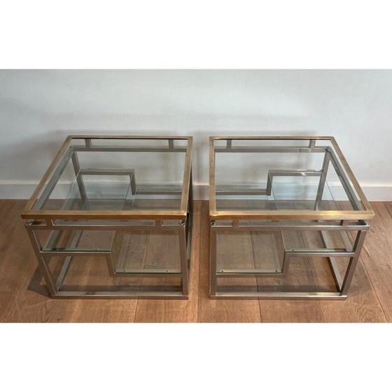 Image 1 of Pair of vintage sofa ends in chrome, brass and glass tops