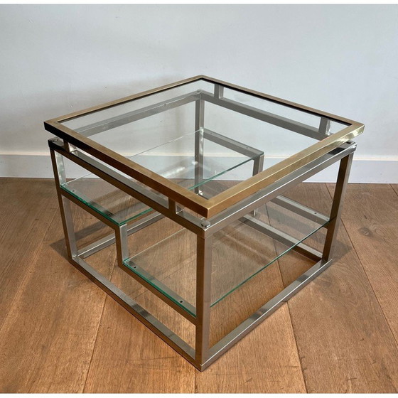 Image 1 of Pair of vintage sofa ends in chrome, brass and glass tops