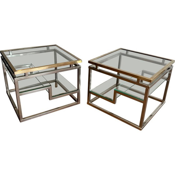 Image 1 of Pair of vintage sofa ends in chrome, brass and glass tops