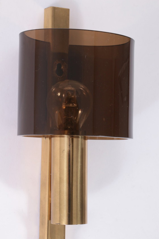 Image 1 of Danish Gilt Brass & Smoked Acrylic Glass Sconce From Hassel & Teudt, 1960S