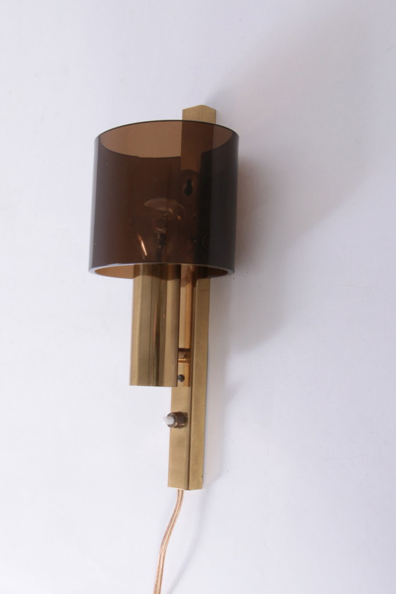 Image 1 of Danish Gilt Brass & Smoked Acrylic Glass Sconce From Hassel & Teudt, 1960S