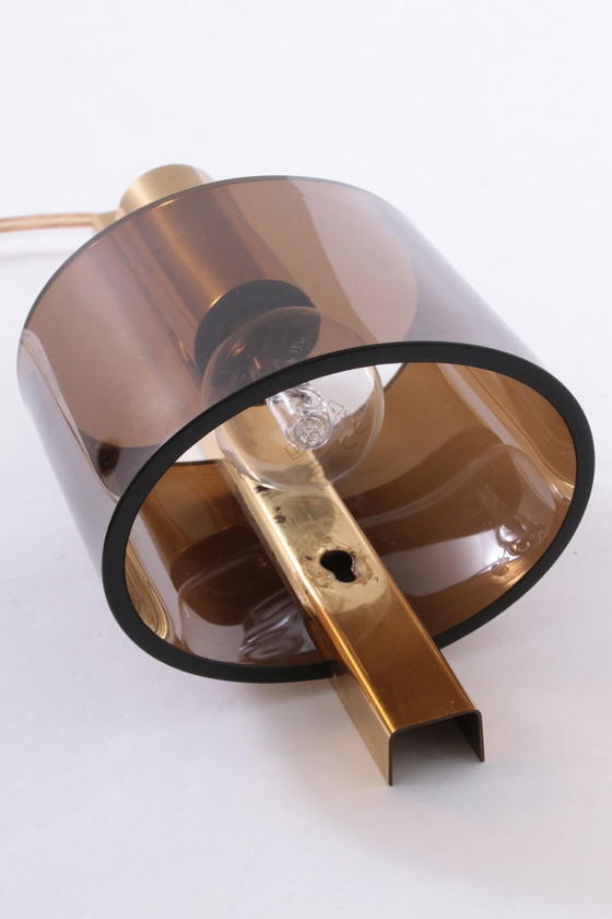 Image 1 of Danish Gilt Brass & Smoked Acrylic Glass Sconce From Hassel & Teudt, 1960S