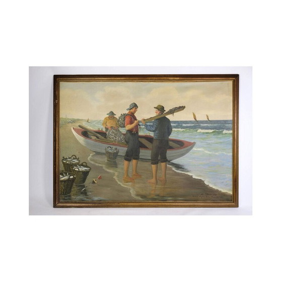 Image 1 of Vintage oil painting two fishermen with a boat and the sea, 1915-1929