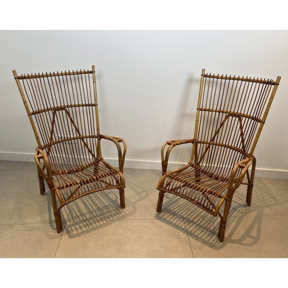 Image 1 of Pair of high vintage rattan armchairs, France 1950