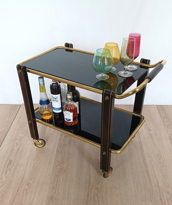 Image 1 of Fifties Serving Cart With Black Glass Trays