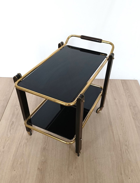 Image 1 of Fifties Serving Cart With Black Glass Trays