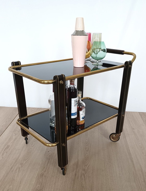 Image 1 of Fifties Serving Cart With Black Glass Trays