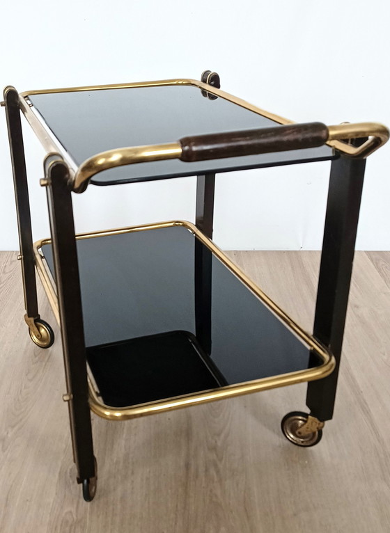 Image 1 of Fifties Serving Cart With Black Glass Trays