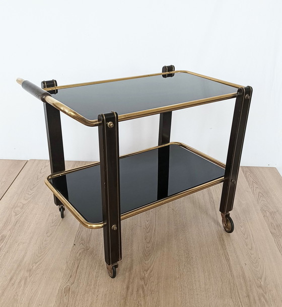 Image 1 of Fifties Serving Cart With Black Glass Trays