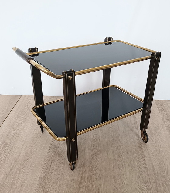 Image 1 of Fifties Serving Cart With Black Glass Trays