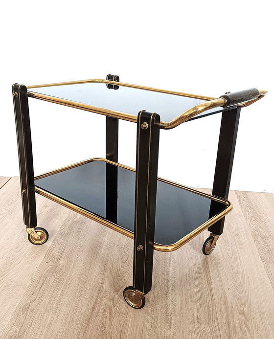 Image 1 of Fifties Serving Cart With Black Glass Trays