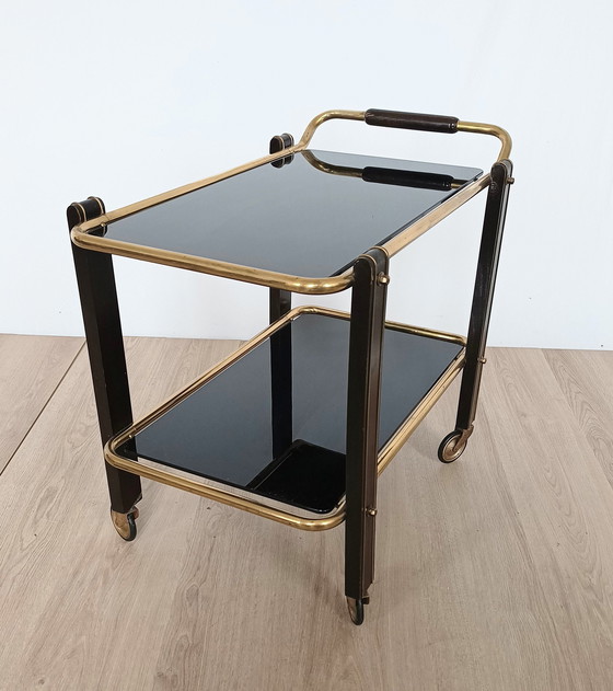 Image 1 of Fifties Serving Cart With Black Glass Trays