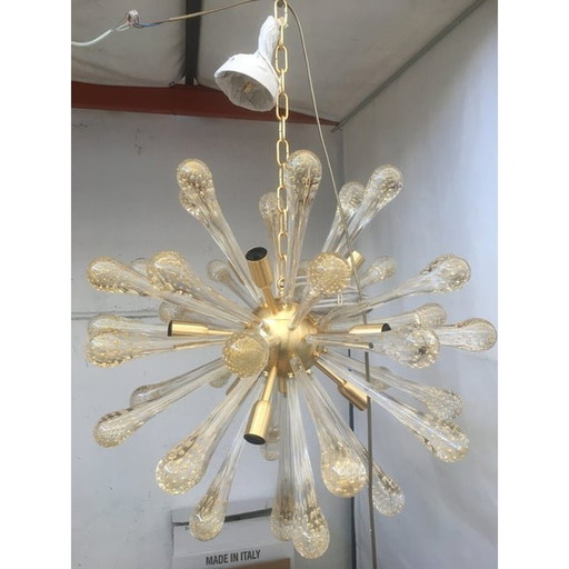 Murano Glass Sputnik Chandelier With Gold Air Drops Brushled Metal Frame