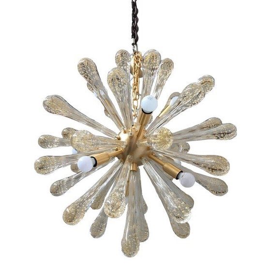 Image 1 of Murano Glass Sputnik Chandelier With Gold Air Drops Brushled Metal Frame