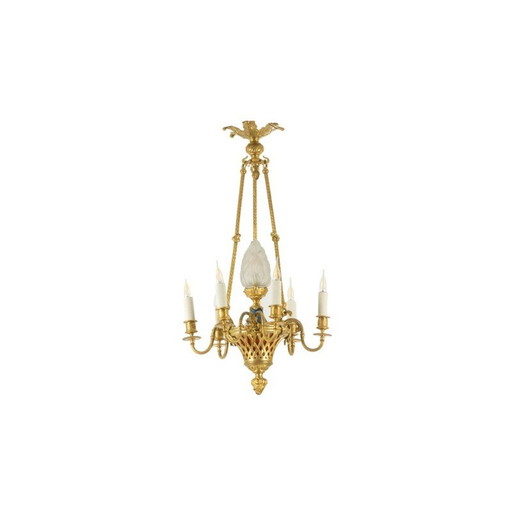 Vintage gilded bronze chandelier with 6 arms of light, 1900