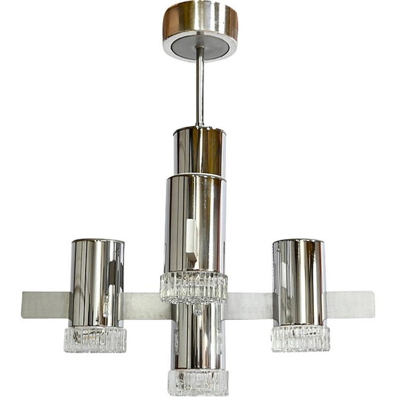 Image 1 of Vintage chandelier in polished chrome and aluminum with 5 arms of light by Gaetano Sciolari, Italy 1960