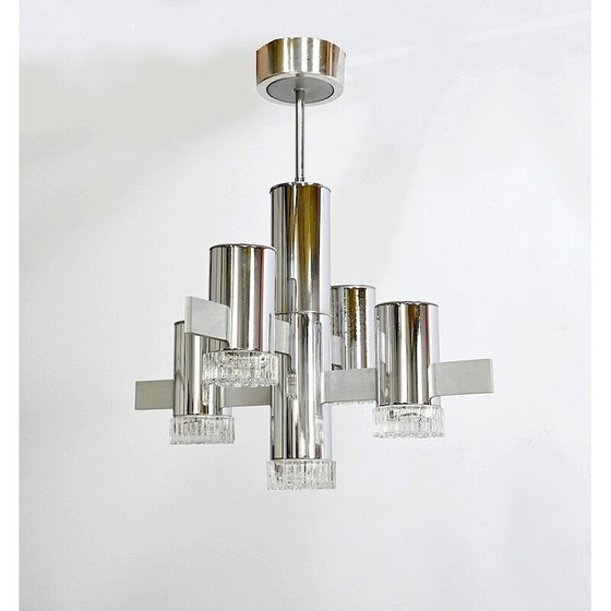 Image 1 of Vintage chandelier in polished chrome and aluminum with 5 arms of light by Gaetano Sciolari, Italy 1960