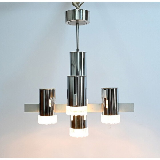 Image 1 of Vintage chandelier in polished chrome and aluminum with 5 arms of light by Gaetano Sciolari, Italy 1960