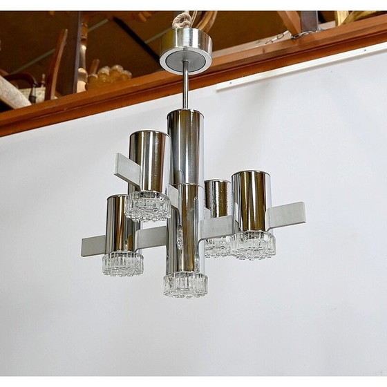 Image 1 of Vintage chandelier in polished chrome and aluminum with 5 arms of light by Gaetano Sciolari, Italy 1960