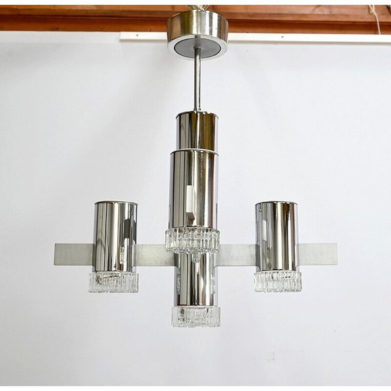 Image 1 of Vintage chandelier in polished chrome and aluminum with 5 arms of light by Gaetano Sciolari, Italy 1960