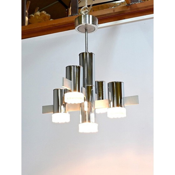 Image 1 of Vintage chandelier in polished chrome and aluminum with 5 arms of light by Gaetano Sciolari, Italy 1960
