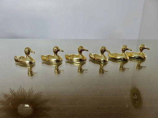 Set of 6 Pewter Table Name Ducks Gilded in Fine Gold, Schacher, Germany, 1970