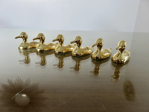 Set of 6 Pewter Table Name Ducks Gilded in Fine Gold, Schacher, Germany, 1970