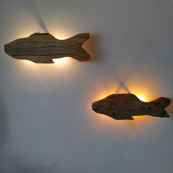 Image 1 of 2x Lampe murale poisson en bois flotté