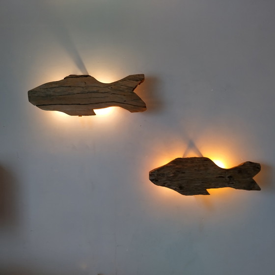 Image 1 of 2x Lampe murale poisson en bois flotté