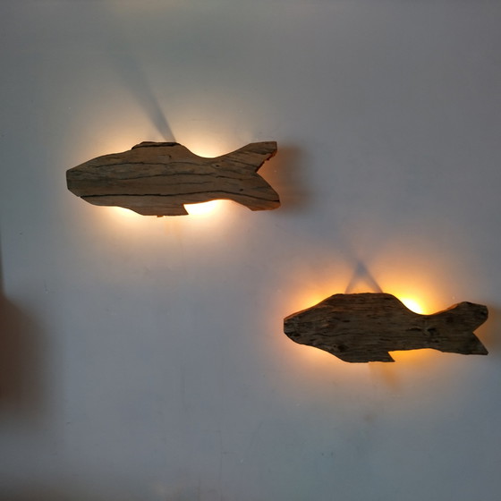 Image 1 of 2x Lampe murale poisson en bois flotté