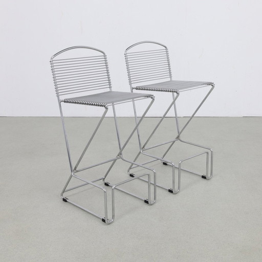 2X Postmodern Bar Stool In Chromed Metal, 1980s