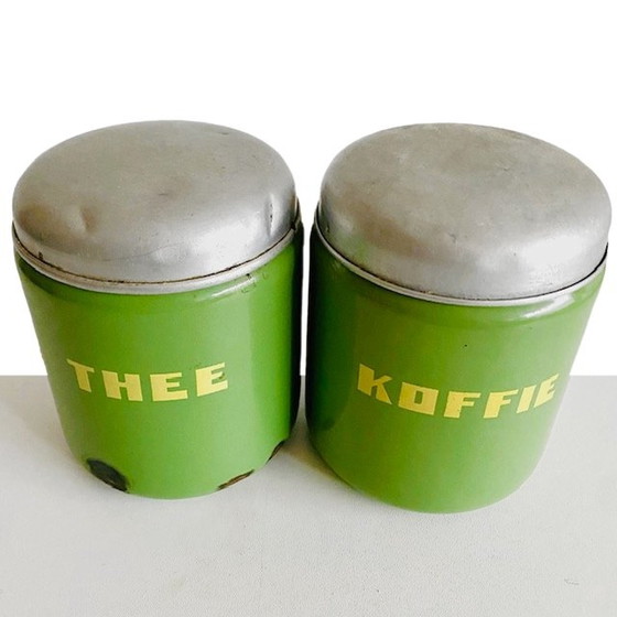 Image 1 of Scatole vintage in smalto verde per caffè e tè, anni &#39;20