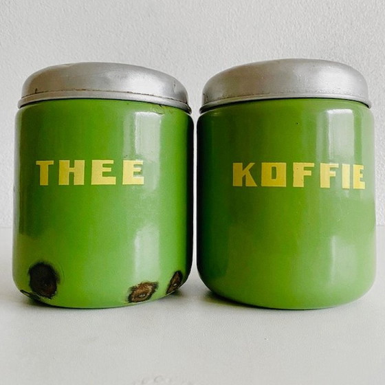 Image 1 of Scatole vintage in smalto verde per caffè e tè, anni &#39;20