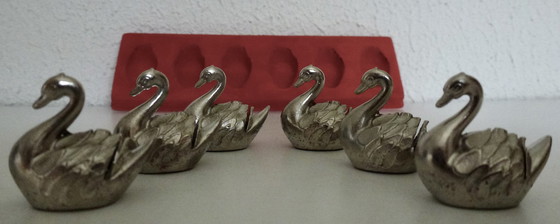 Image 1 of Set Of 6 Name Card Holders - Silver Plated - Swans