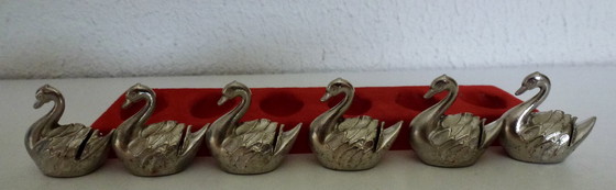 Image 1 of Set Of 6 Name Card Holders - Silver Plated - Swans