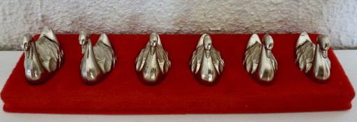 Set Of 6 Name Card Holders - Silver Plated - Swans