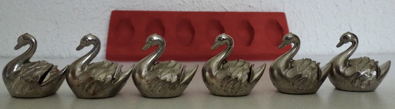 Image 1 of Set Of 6 Name Card Holders - Silver Plated - Swans