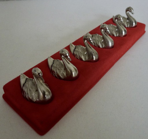 Set Of 6 Name Card Holders - Silver Plated - Swans