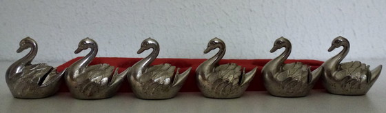 Image 1 of Set Of 6 Name Card Holders - Silver Plated - Swans